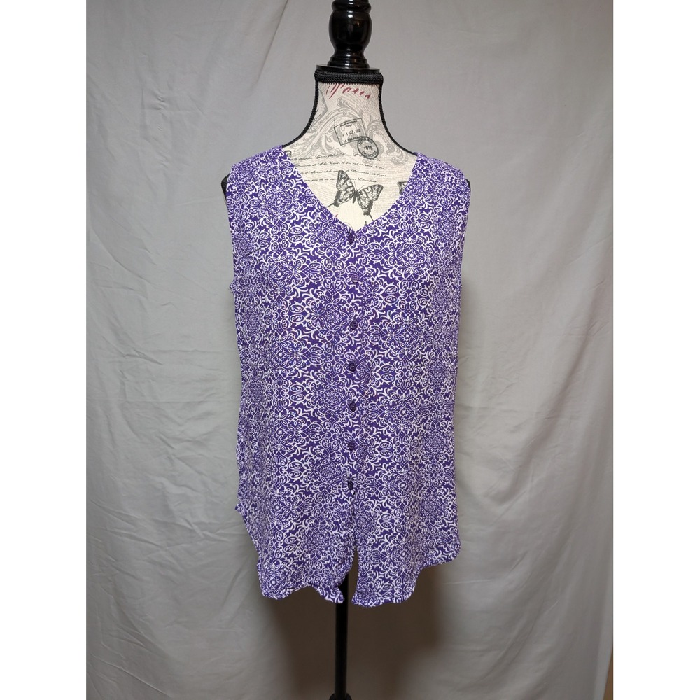 Laura Scott Purple White Print Button Front Sleeveless Blouse Women's Small‎